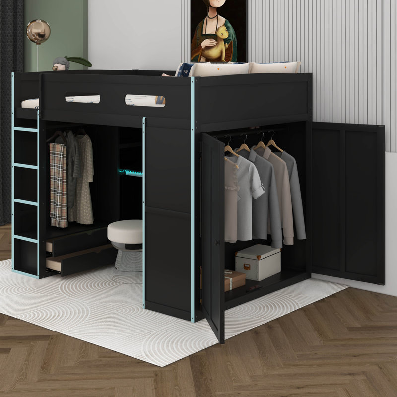 Full Size Gaming Loft Bed With Desk, Wood Loft Bed With RGB Light, High Loft Bed Frame, 2 Drawers, Wardrobe, Hanging Rods