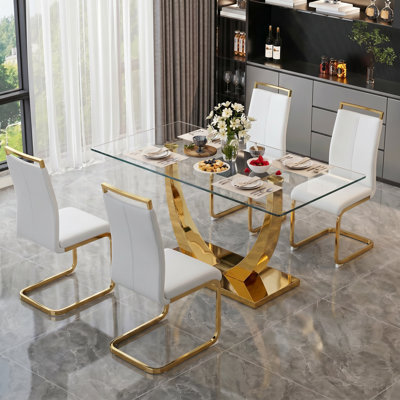 Ensemble de salle à manger rectangulaire moderne en verre trempé de 63 po avec base à piédestal et chaises en similicuir