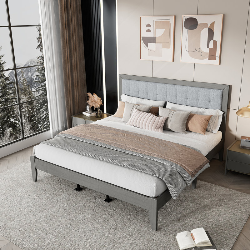 Upholstered Standard Bed, King, Solid Wood