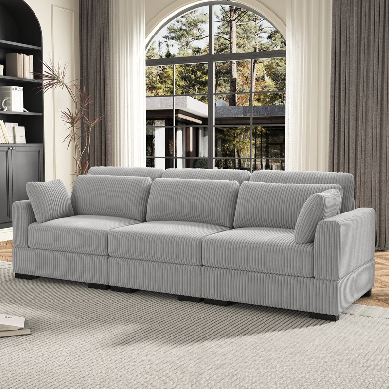 Canapé moderne rembourré en velours côtelé de 130 po, H 33,5 po x l 100 po x P 34,6 po, 3, Velours côtelé gris Perola