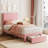 2 Sets Twin Bed Frame with Under-Bed Drawer, Upholstered Platform Bed with Wave Headboard for Kids/Girls, Wooden Slats Support, No Box Spring Needed, Velvet Pink