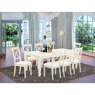 9 Piece Kitchen Table Set Includes a Rectangle Dining Table with Butterfly Leaf and 8 Faux Leather Dining Room Chairs, Linen White