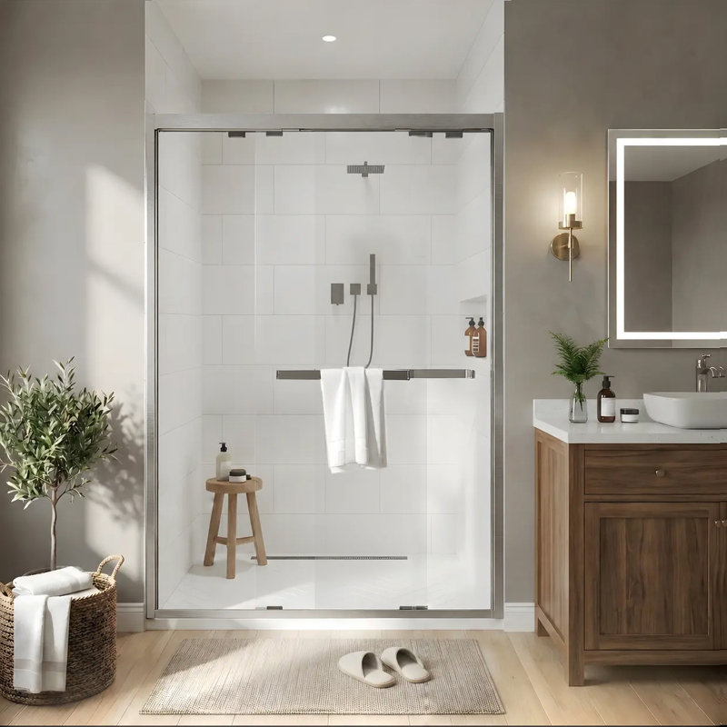 Porte de douche coulissante semi-encadrée en nickel brossé avec verre transparent, Nickel