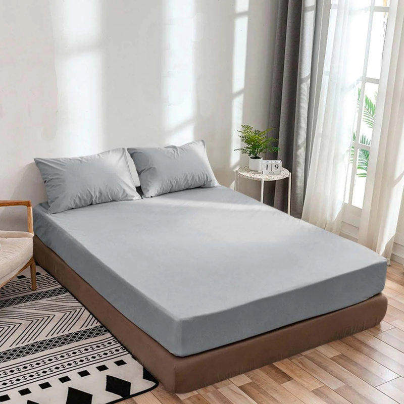 400TC Sateen Solid Cotton Fitted Sheet Fits Upto 10" Deep Pocket, Full / Double Fitted Sheet, Light Grey
