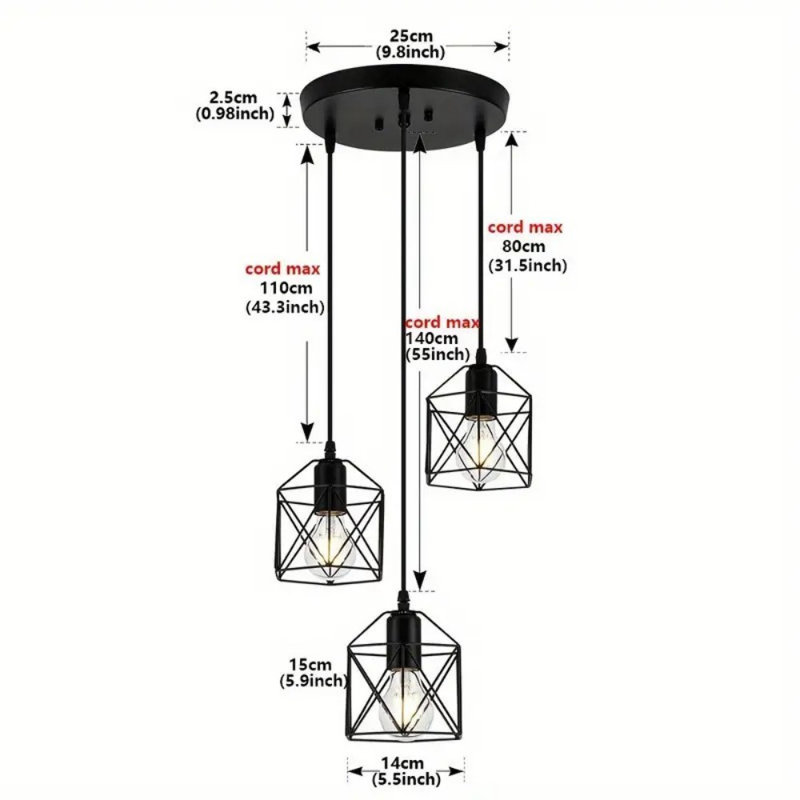 Modern Adjustable 3-Light Pendant Chandelier, Semi-Flush Mount Metal Fixture With E26 Base, Detachable Ceiling Lamp For Indoor Lighting, Restaurant, Teahouse, Home, Living Room, Kitchen, Office - Installation Hardware Included, No Bulbs (120V, Hard-Wired)