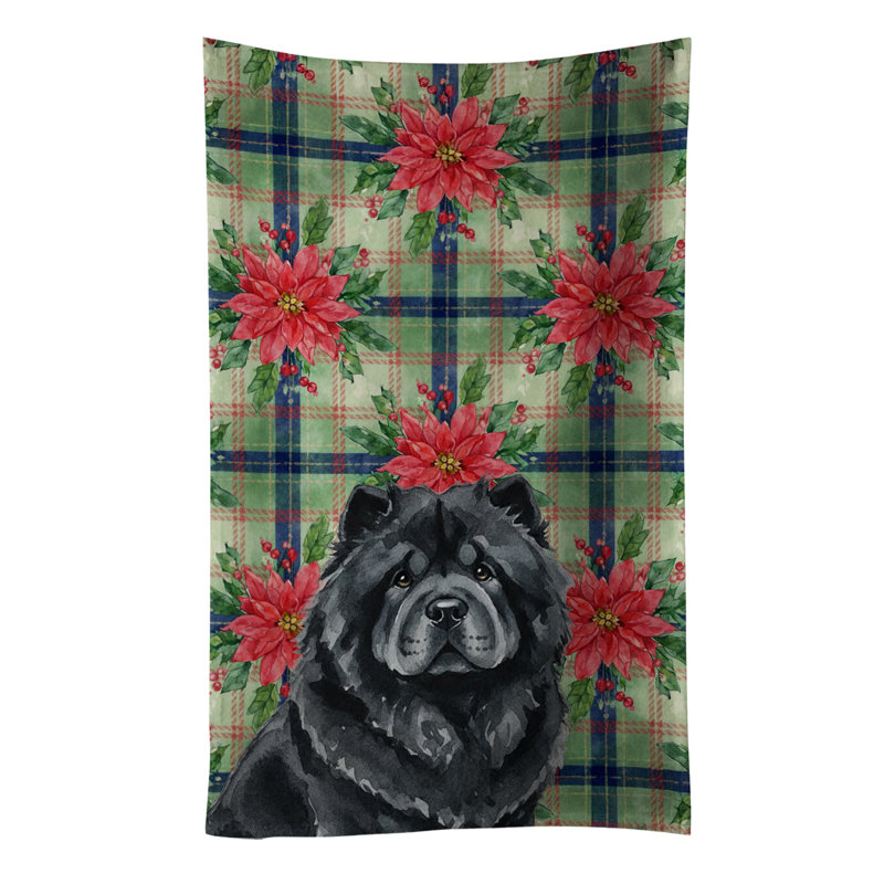 Black Chow Chow Christmas PoinsettIas Kitchen Towel, Black Chow Chow
