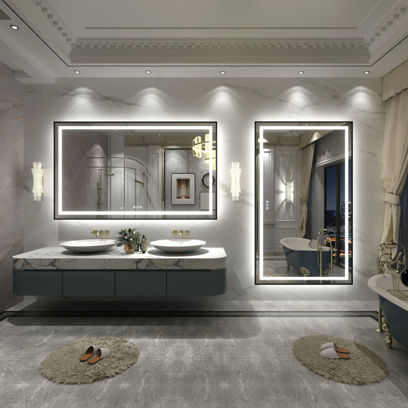 Miroir de salle de bain / meuble-lavabo à cadre en verre trempé à DEL certifié anti-buée Wayfair Basics®, 60 po x 36 po