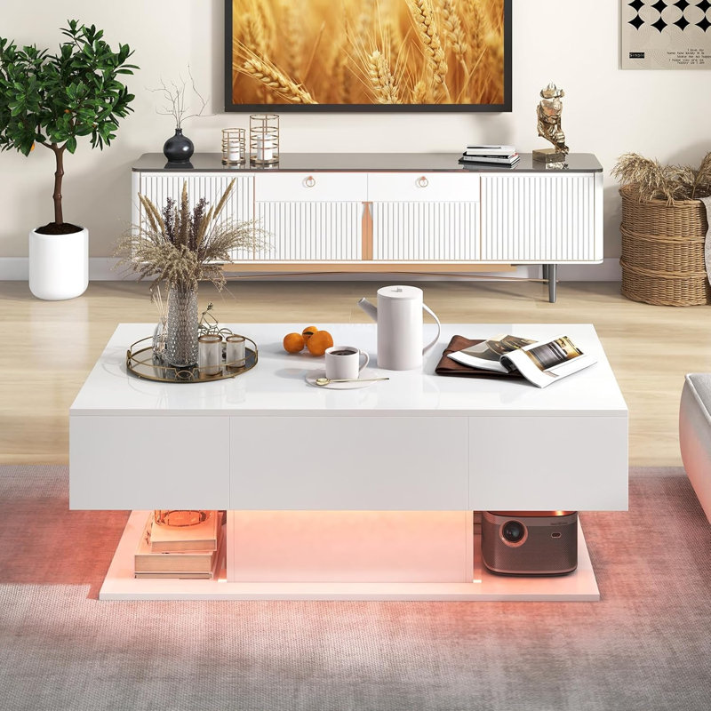 Table basse, table centrale à 2 niveaux avec 2 tiroirs de rangement, luminosité et vitesse réglables
