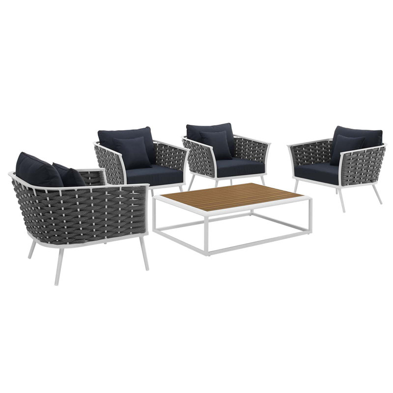 Modway Stance 5 Piece Outdoor Patio Aluminum Sectional Sofa Set, Navy, White