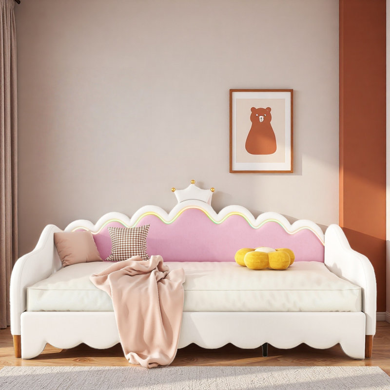 Extending Upholstered Daybed With Led Lights And Crown Headboard, Pink