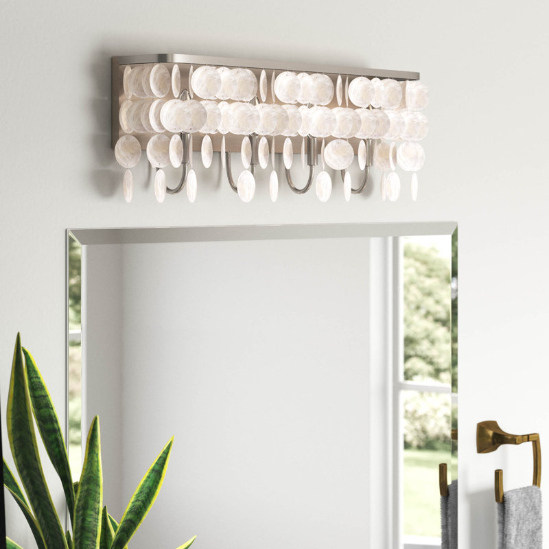 Icarus 4-Light 28 inch Wide Satin Nickel Glam Bathroom Vanity Lighting Fixture, Capiz Shell Shade, Dimmable, LED Compatible, Over the Mirror Mounted Steel Wall Sconce, Full Backplate