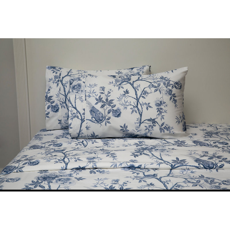 Ensemble de draps en satin de satin 400 fils Josephine, Très grand, Blanc / bleu
