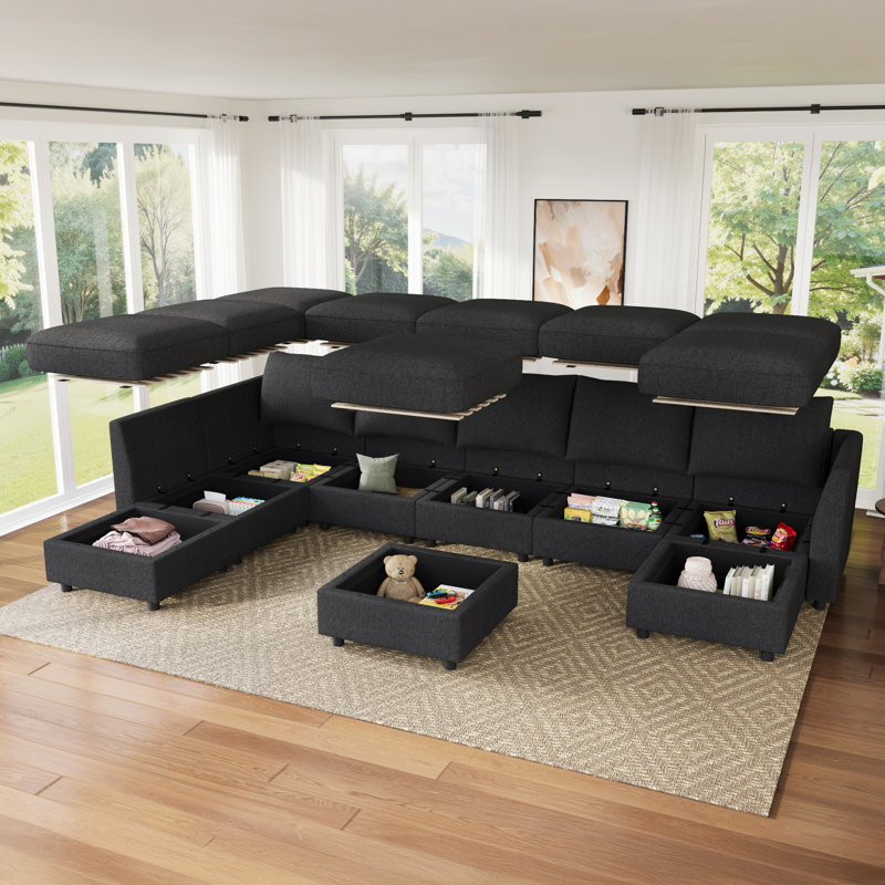 Canapé-lit modulaire en U avec rangement Tremee gris foncé, Polyester gris foncé