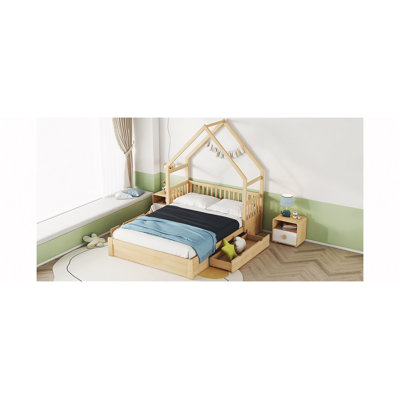 Wood House Platform Bed with Guardrail and 2 Drawers