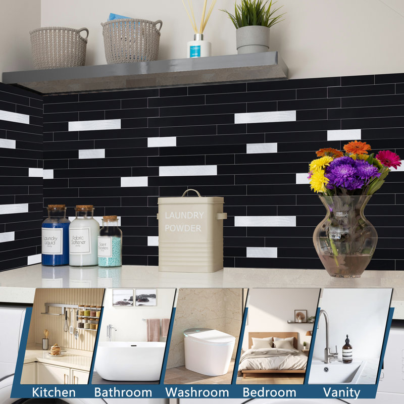 6" W X12" L PVC Peel and Stick Backsplash Tiles with Stone Metal Look, Self-Adhesive Wall Tiles,Easy Install, Black