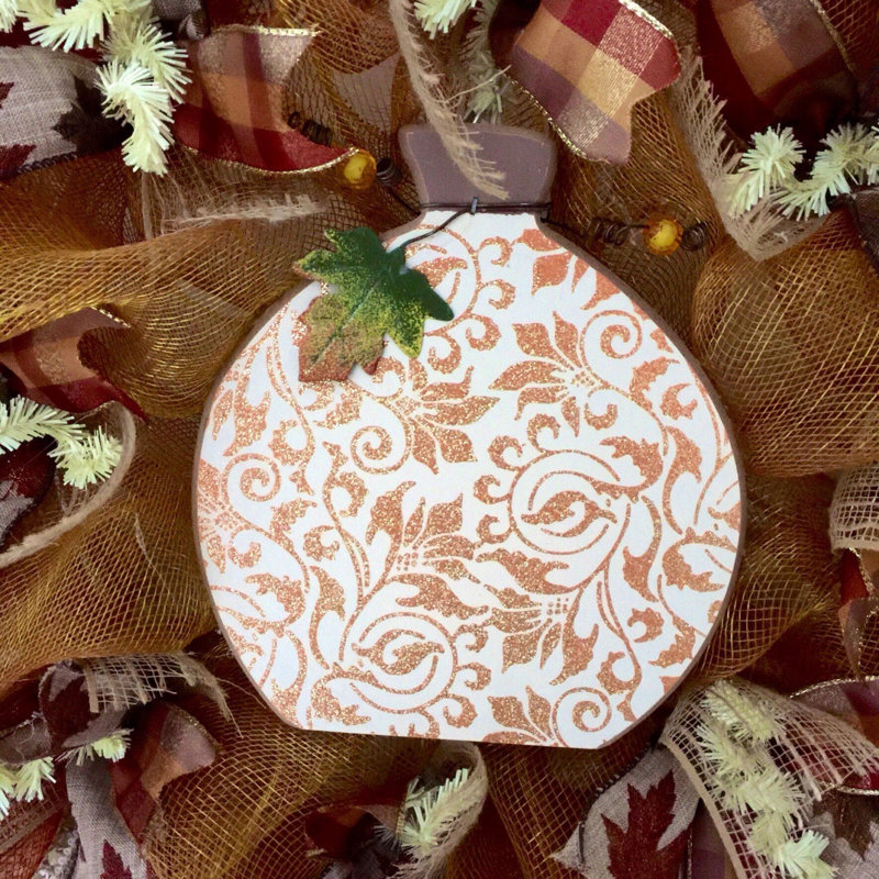 Couronne de récolte avec citrouille en bois blanc et cuivre