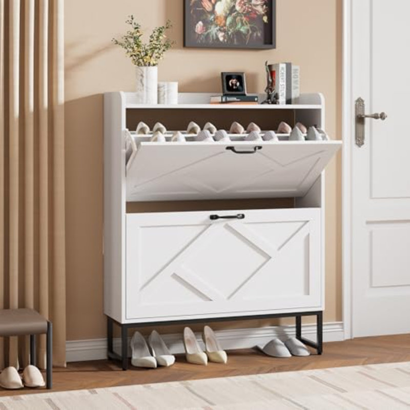 Shoe Cabinet With 2 Flip Drawers, Freestanding Shoe Organizer, Shoe Cabinet With Metal Legs, Narrow Shoe Rack Cabinet For Entryway, Foyer, Hallway, White