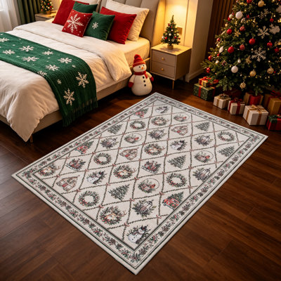 Tapis beige festif et festif avec cerf rétro et bonhomme de neige, doux tapis de Noël pour le salon