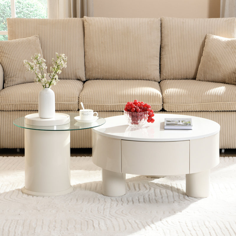Table basse blanche en plastique ronde de 2, emboîtable pour le salon avec tiroir de rangement, peu encombrante et fonctionnelle, garantie de durabilité de style moderne, combinaison de matériaux, multi fonction