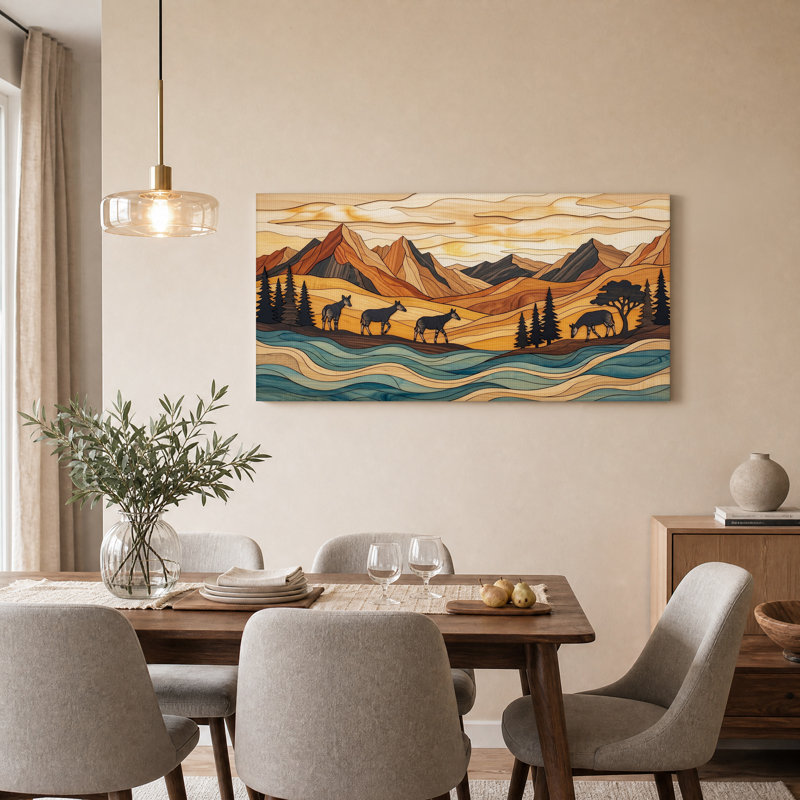 «Layered Wood Style», art rayé sur toile, paysage de montagne, 32“W x 16”H