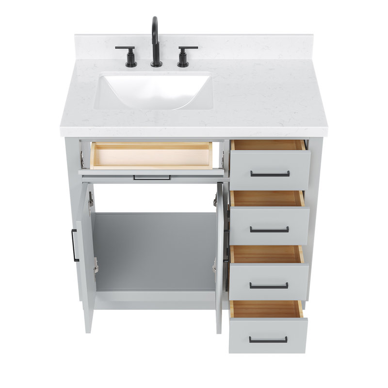 Meuble-lavabo simple en bois massif 36 po Tidworth avec plateau en quartz Carrara de 1,5 po, Gauche, Forme rectangulaire