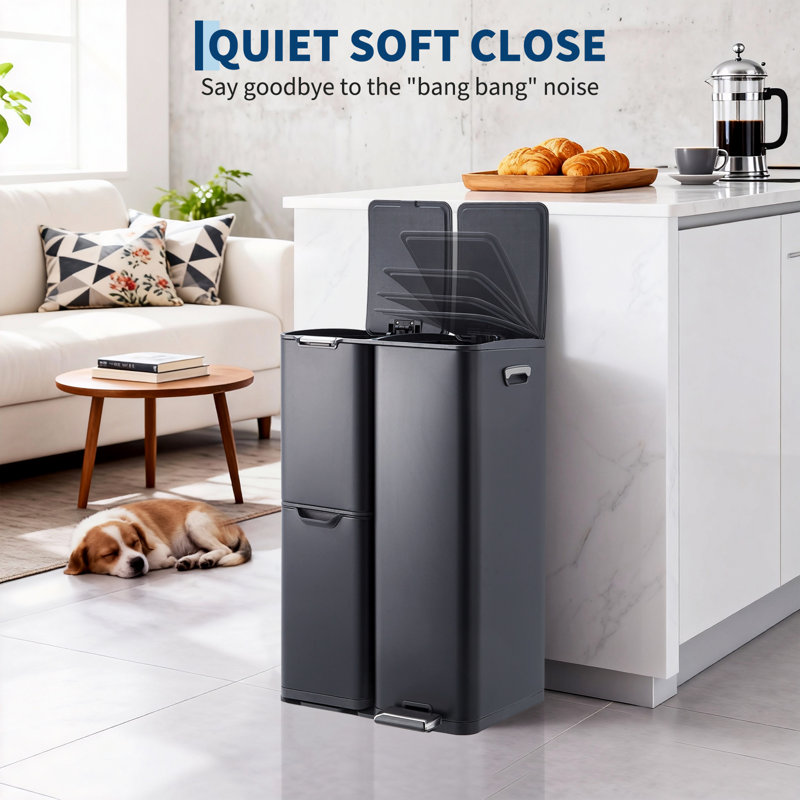 GarveeHome 16 gal 3 Compartment Trash Can, 3-in-1 Garbage Can with Soft ...