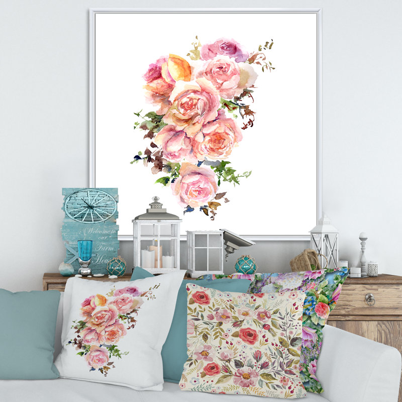 Fleurs roses, peinture sur toile, H 30 po x l 30 po x P 1 po, Cadre flottant blanc