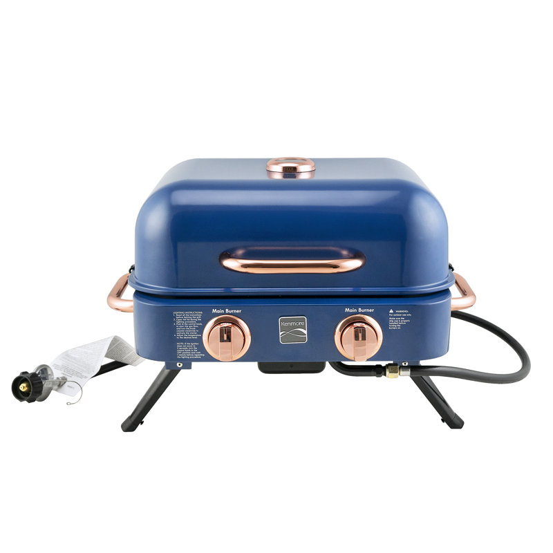 Barbecue au gaz de table rétro à 2 brûleurs Kenmore, Bleu marine / cuivre