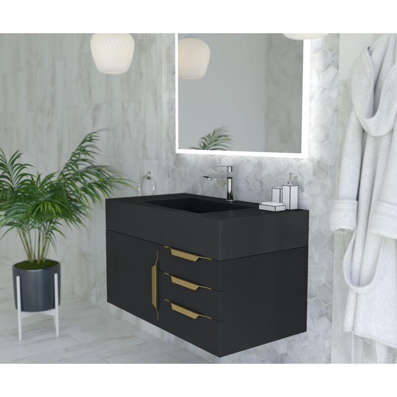 Ensemble de meuble-lavabo simple 36 po avec miroir Modern, Or, Noir, Noir