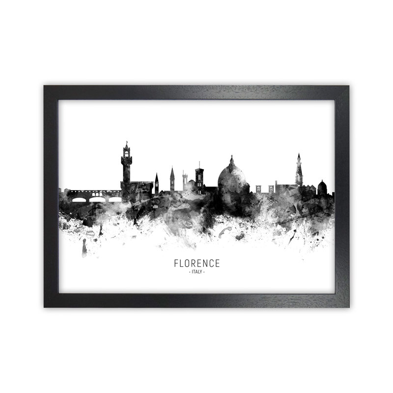 Florence Italy Skyline Black White City Name by Michael Tompsett - Print, 25cm H x 34cm W x 3cm D, Black Framed