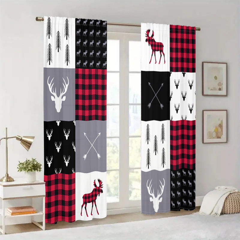 2Pcs Buffalo Plaid Curtains Red Black Woodland Moose Deer Antlers Pine Trees Arrows Pattern Rod Pocket Window Drapes Rustic Cabin Lodge Style Panels for Living Room Bedroom Home Decor