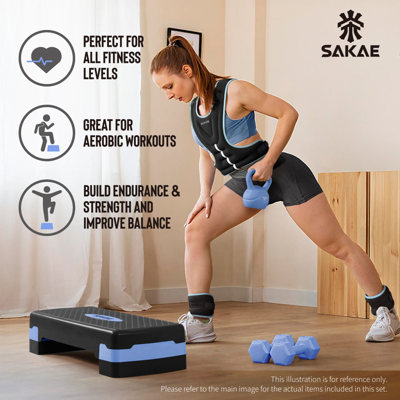 Ensemble de plateforme d'aérobie avec gilet lesté et ruban à mesurer, rehausseur réglable à 2 niveaux avec surface antidérapante, plateforme pour l'exercice à domicile, bleu