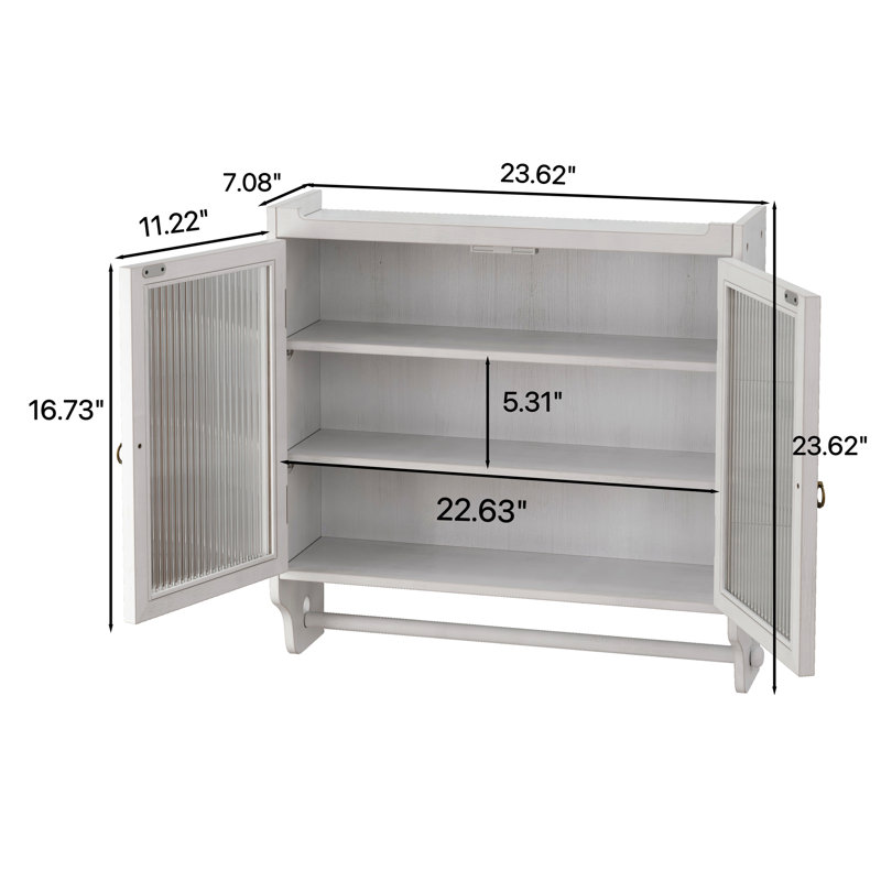 Armoire rétro Almonte pour la salle de bain, la cuisine, la salle à manger - porte en verre de 24,8 po, trois rangements, porte-serviettes, support de cuisine blanc délavé