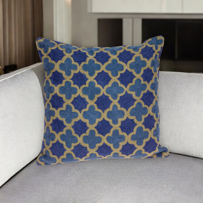 Coussin décoratif en laine quadrilobe bleu et brun 20 "avec broderie