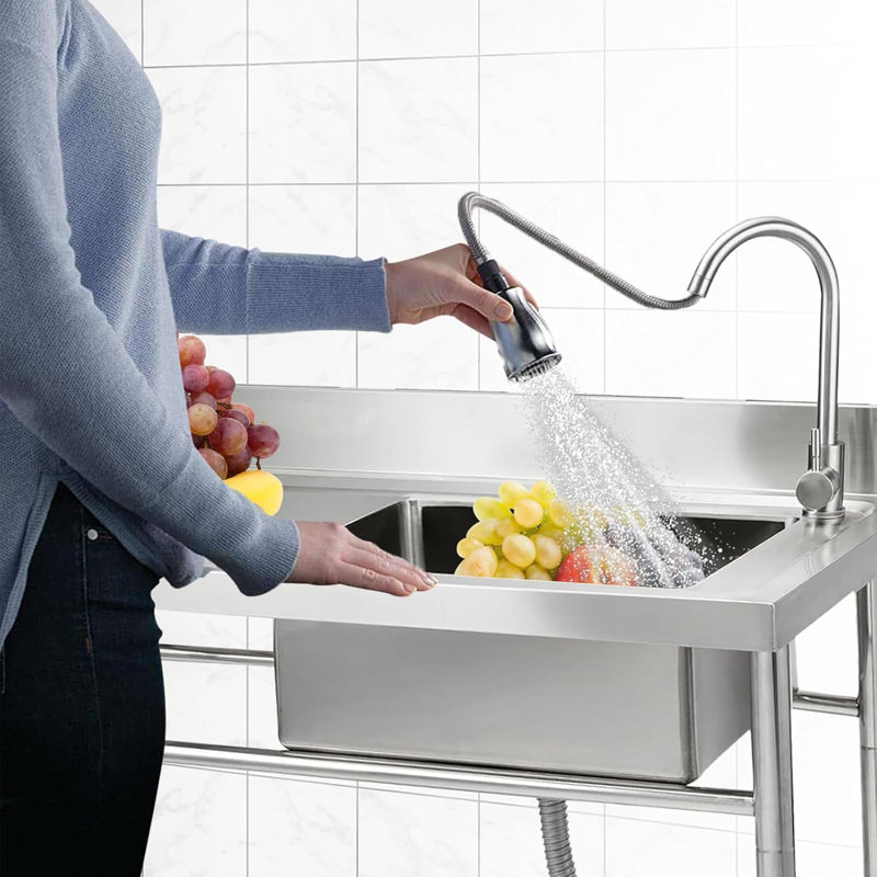 47x20x37 Inch Commercial Stainless Steel Utility basin - Single Compartment with Faucet & Base Frame, Adjustable Legs & Storage Shelf, Freestanding Prep basin for Kitchen or Garage, NSF - One pool and one shower with faucet and base frame 47*20*37-NSF