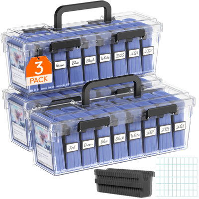 Trading Card Storage Box Fit For Toploader, Stackable Reinforced Latch Case With 8 Adjustable Dividers, Writable Labels, Organizer For Mtg Tcg Sports Baseball Bulk Cards, 3 Pcs