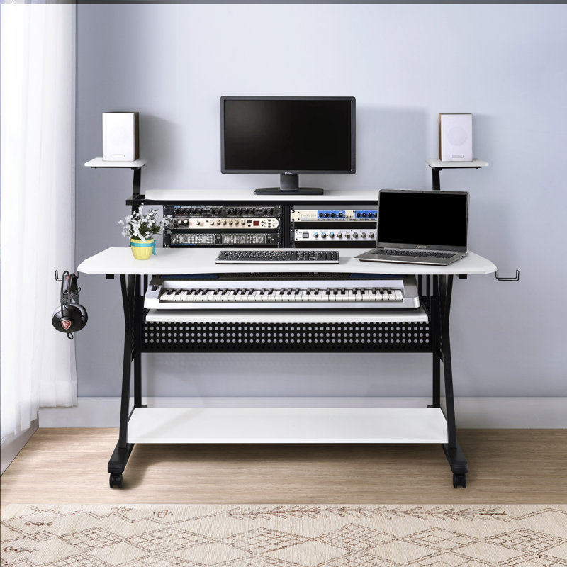 Willow Music Desk with Keyboard Tray and Earphone Rack, White/Black