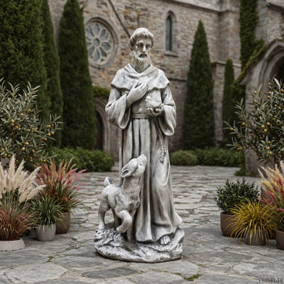 Magnesium Oxide Saint with Lamb Garden Statue, Weatherproof Religious Sculpture for Garden & Church Decor