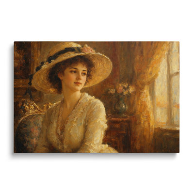 Reproduction sur toile d'une élégante femme au chapeau de paille à larges bords - 30 x 45 cm
