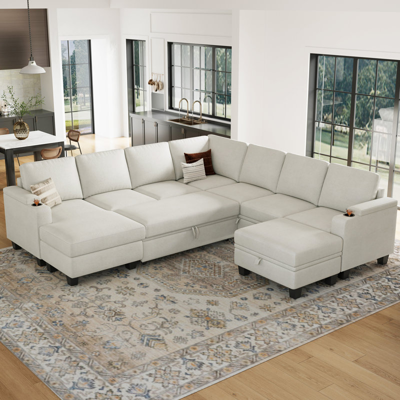 Januelle Bujesily Chenille U Shaped Couch Large Pull Out Sleeper With Chaise Sectional Sofa Modular Couch With Storage Ottoman Storage Seat