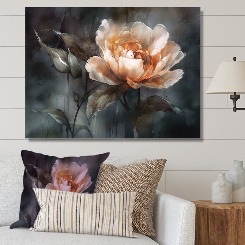 «Peach Flower» sur fond gris foncé - Impression sur toile encadrée de coquelicots, Toile tendue, H 24 po x l 32 po x P 1 po