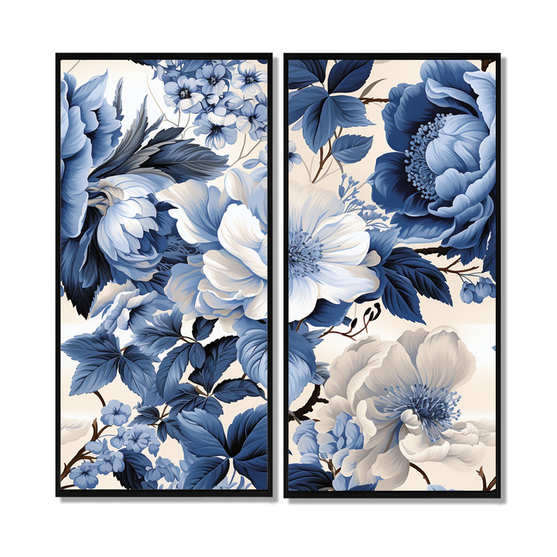 «Blue and White Flower Radiance» - Grandes impressions florales sur toile, 2 pièces, 32" H x 32" W, Noir