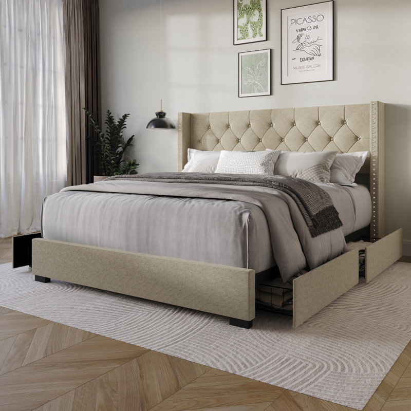 Sauger Upholstered Wingback Storage Bed, Queen, Dark Beige