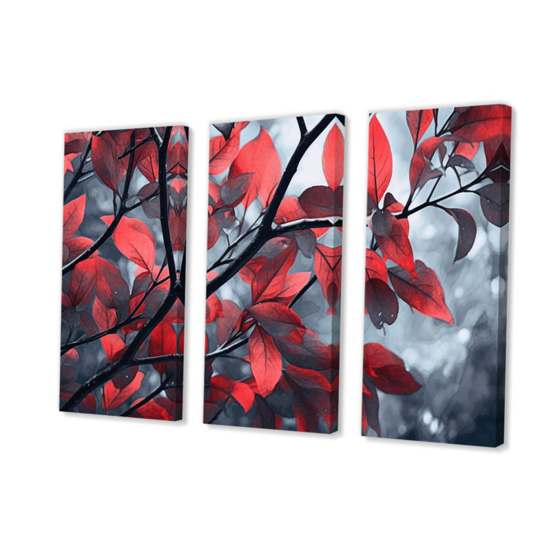 «Red Grey Leaves On Tree I On Canvas», reproduction de 3 pièces, H 40 po x l 60 po x P 1 po