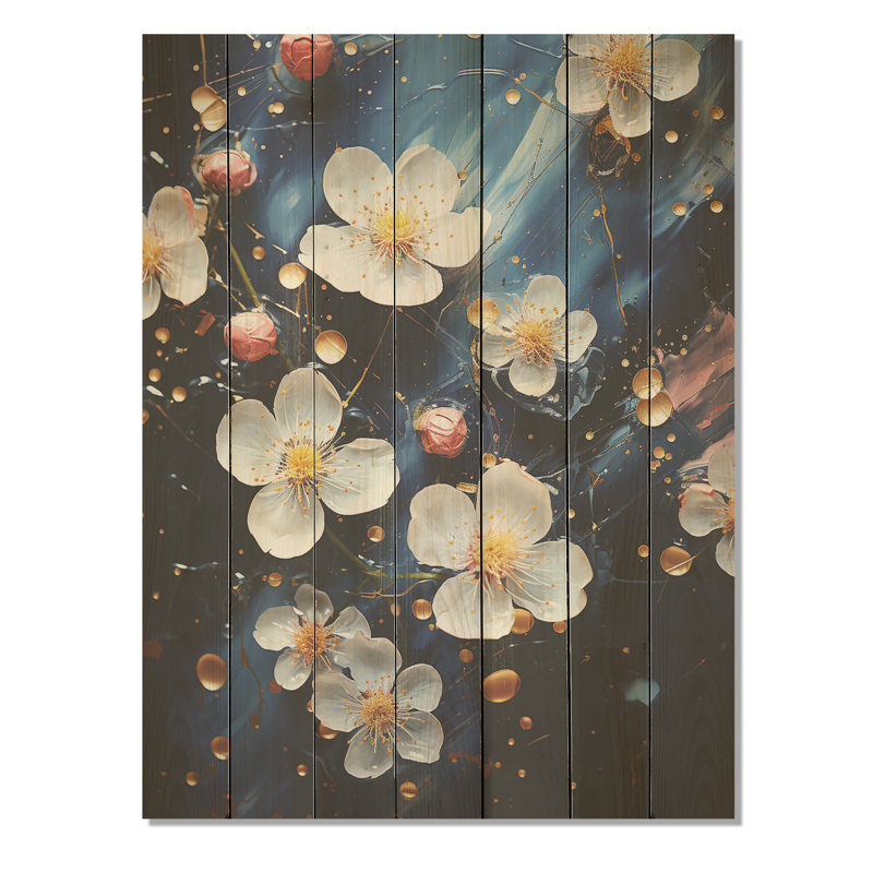 Fleurs de cerisier blanches et bleues I - impression de cerisier sur bois, H 20 po x l 10 po