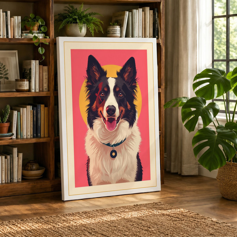 Bold Collie Portrait Pop Art - Wrapped Canvas, 36x24 - 91.4 x 61.0 cm, Cream Border