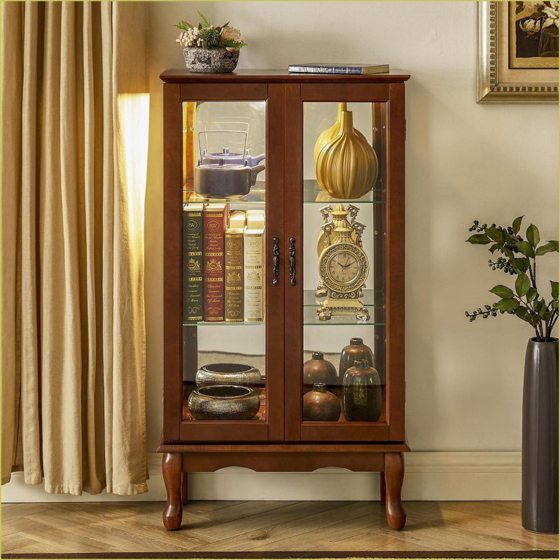 Cabinets | Walnut Brown Lighted Corner Curio Display Cabinet with Adjustable Shelves &amp; Mirrored Back | Traditional | Living Room