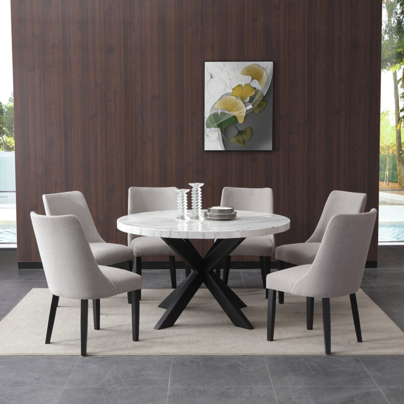 Fishburne Xena 52" Round Marble Dining Set, 7 Pieces: Table, 6 Chairs