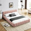 Lit plateforme grand en chenille rose avec tête de lit et structure solide, sans sommier tapissier-191948305