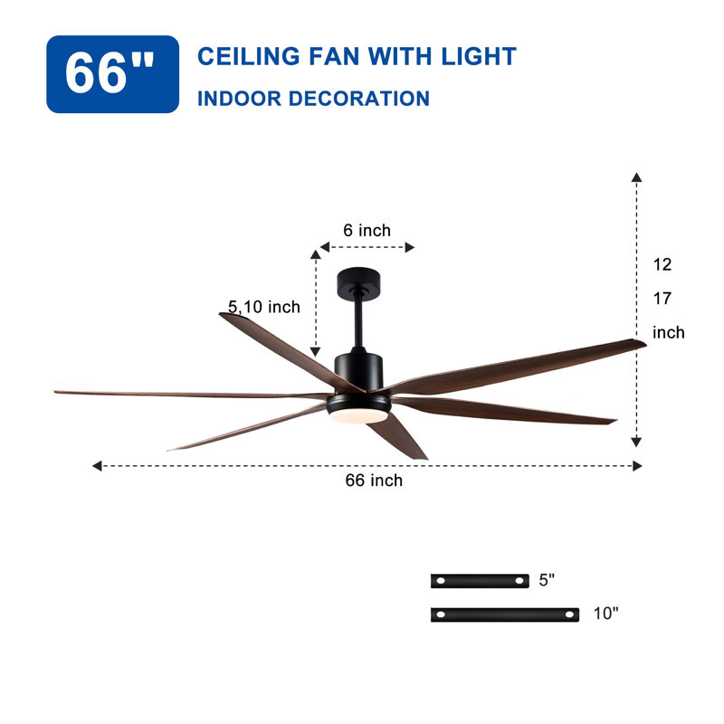 Ventilateur de plafond rustique 66 pouces avec 6 pales en ABS, finition grain de bois noir pour une utilisation intérieure et extérieure
